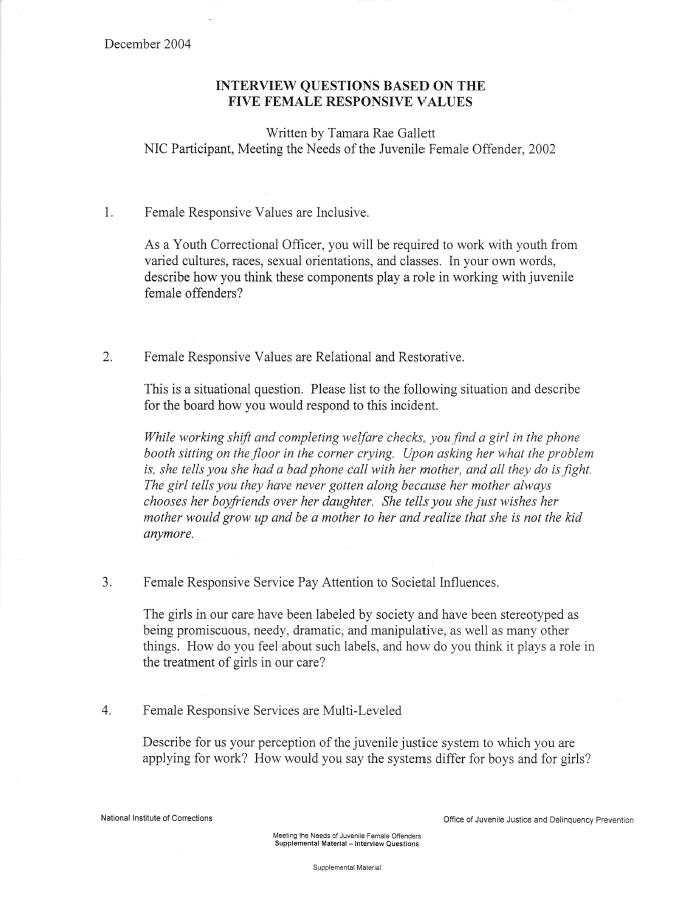 Interview Questions Based on the Five Female Responsive Values